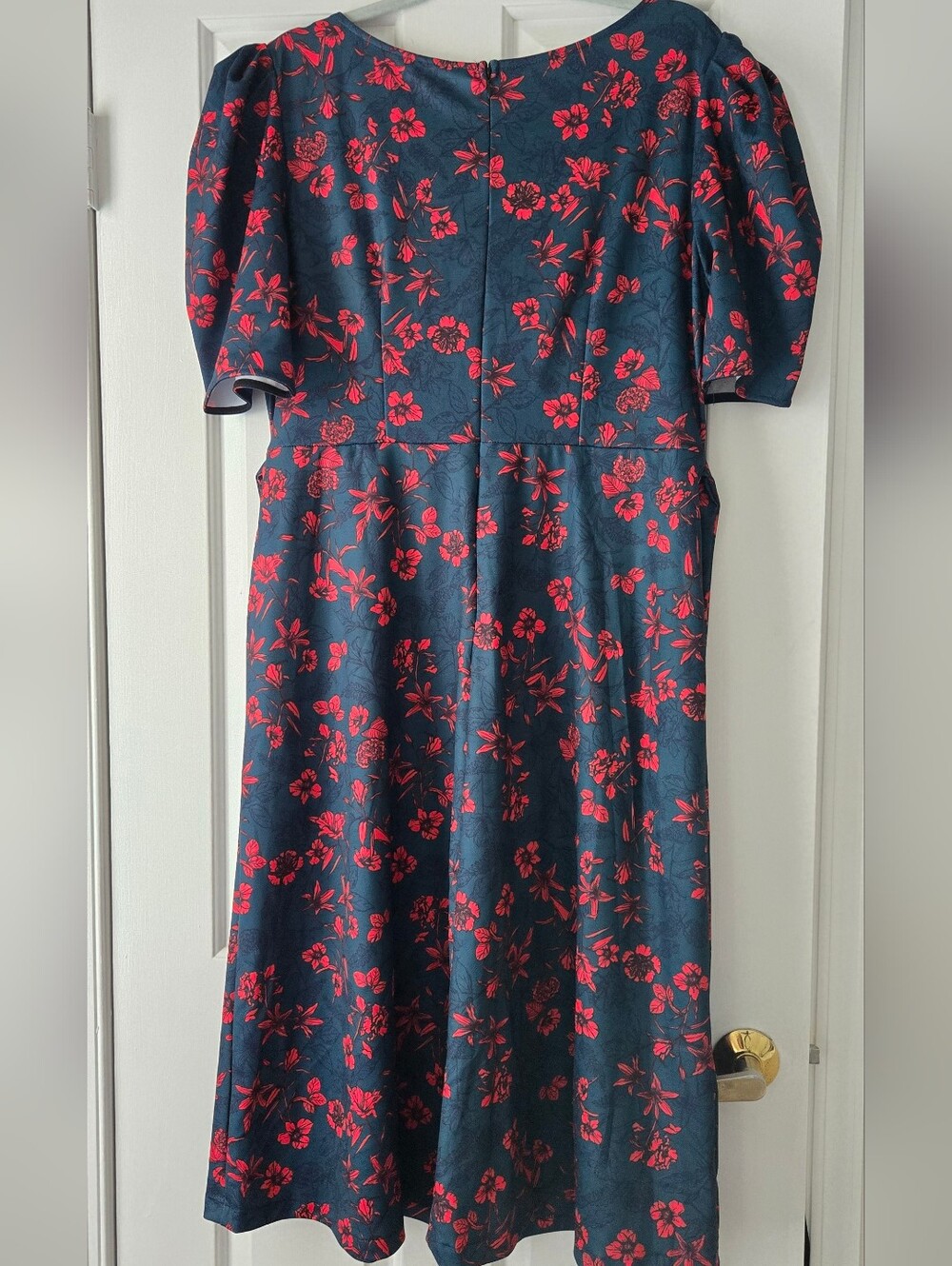 Teal Red Floral Wrap Midi Dress Puff Sleeve Party Wedding - Picture 4 of 6
